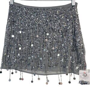 NWT Topshop Gray Sequin Embellished Mini Skirt With Beaded Fringe Sz US 6